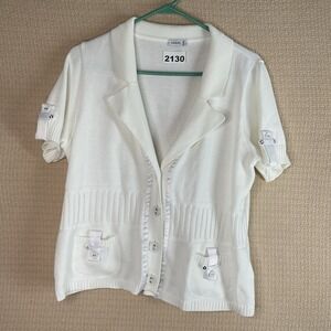 Siegel White Short Sleeve Cardigan with Button Front V-Neck Designed Women's XL